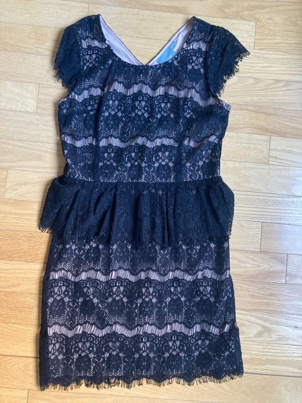 Maeve Anthropologie Black Lace Peplum Dress with Nude Lining
